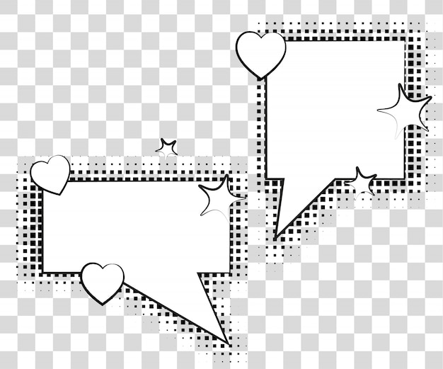 Comic speech bubbles with halftone shadows.