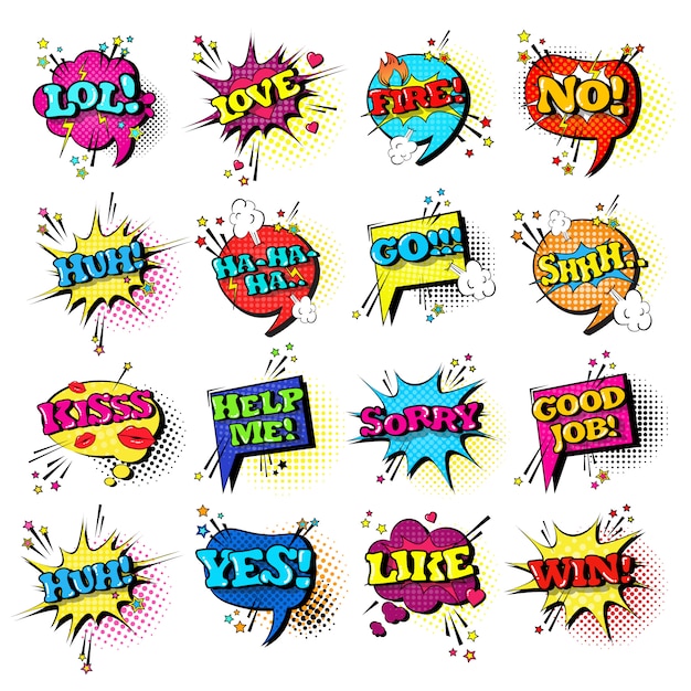 Comic Speech Chat Bubble Set Pop Art Style Sound Expression Text Icons Collection