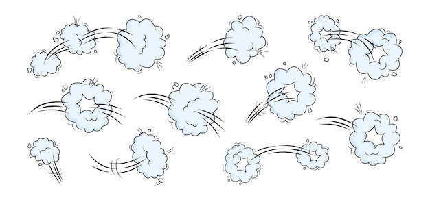 Comic speed effect cartoon jump cloud doodle smoke or dust whoosh wind trail poof puff illustration