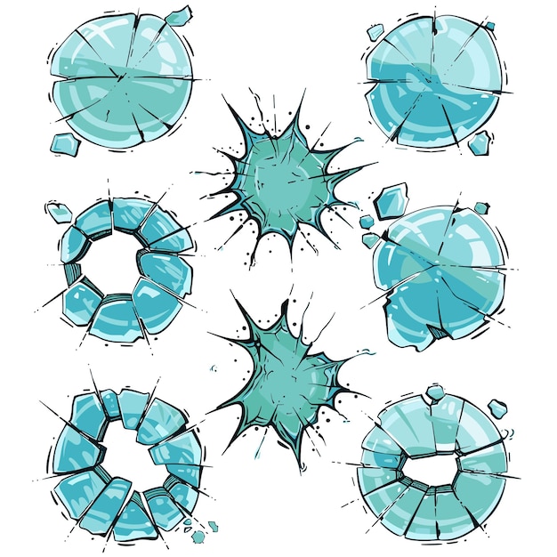 Comic style glass breaking sequence vivid turquoise shattered fragments Cracked glass spheres