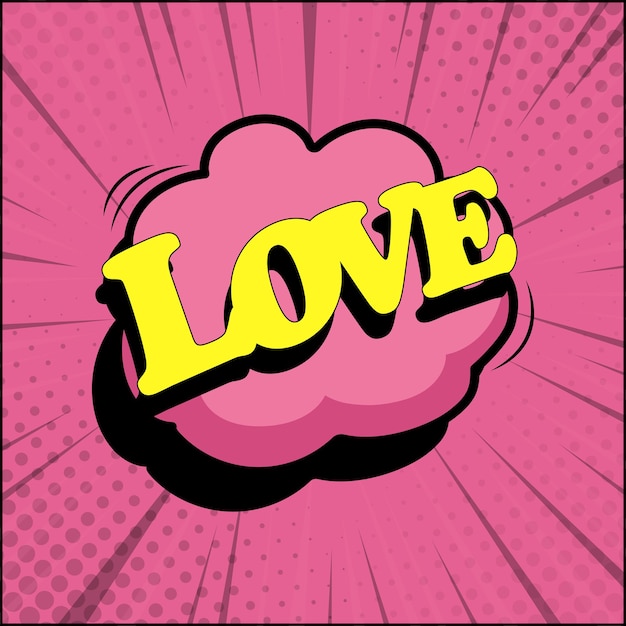 Comic zoom inscription LOVE on a colored background  Vector illustration