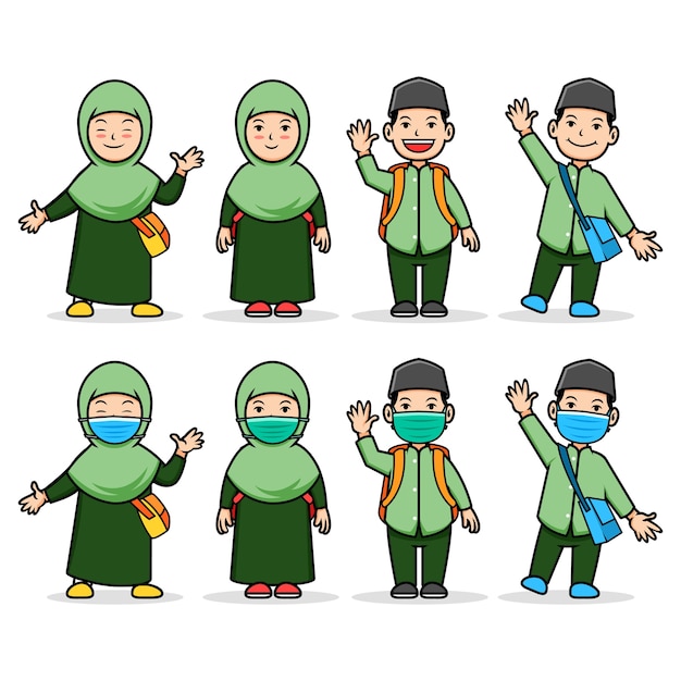 Comical Cartoon Character Of Moslem Student Kids