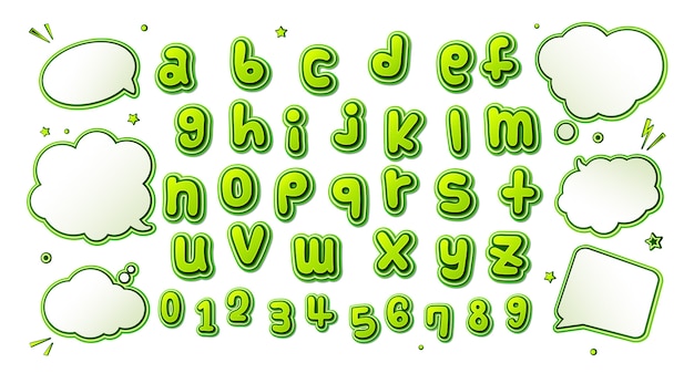 Comics font,  green alphabet in style of pop art and set of speech bubbles