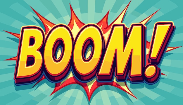 Comicstyled 39BOOM39 explosion text with vibrant colors and dynamic background