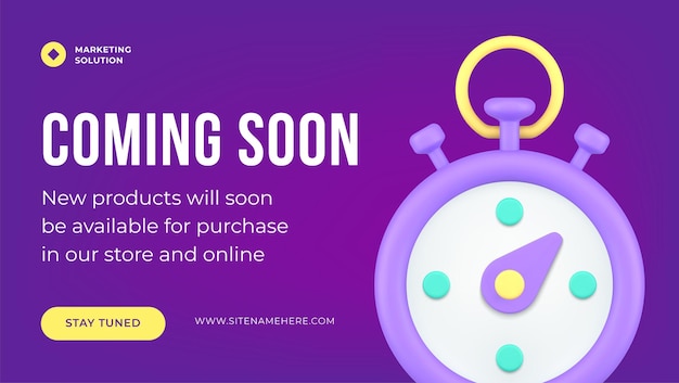 Vector coming soon advertising promo internet banner purple stopwatch realistic 3d icon vector illustration