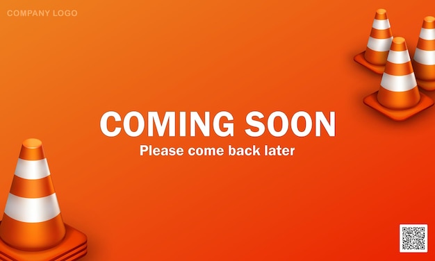 Coming soon orange banner with 3d traffic cones. Under construction website page