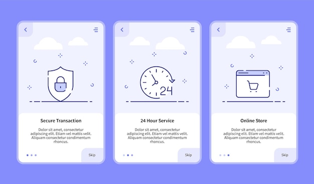 Commerce onboarding secure transaction 24 hour service online store for mobile app banner template