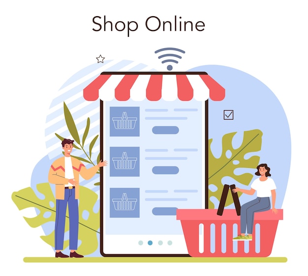 Commercial activities online service or platform. Entrepreneur opening or closing down a store. Online shop. Flat vector illustration