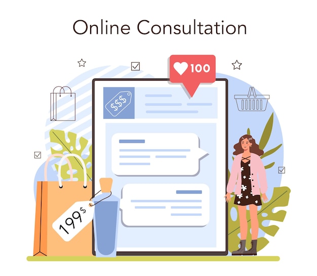 Vector commercial activities online service or platform. entrepreneur putting goods on showcases. marketing and price politics. online consultation. flat vector illustration