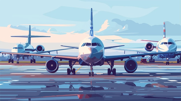 Vector commercial airplanes parked in airport with blue sky background