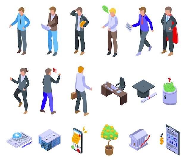 Commercial director icons set isometric vector Career company