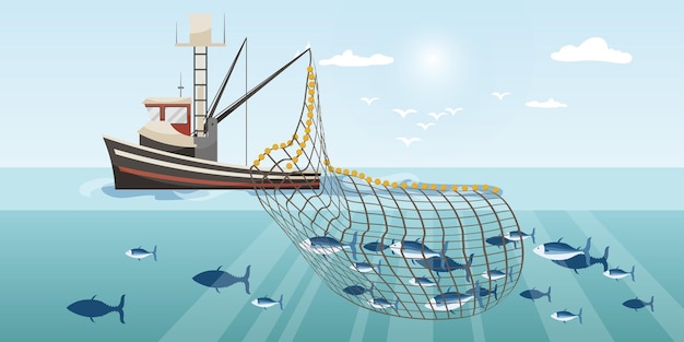 Commercial fishing ship with full fish big net Cartoon fishing boat working in sea or ocean catching by seine seafood tuna herring sardine salmon Industry vessel in seascape Vector illustration