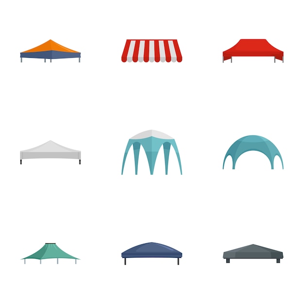 Commercial tent icon set, flat style