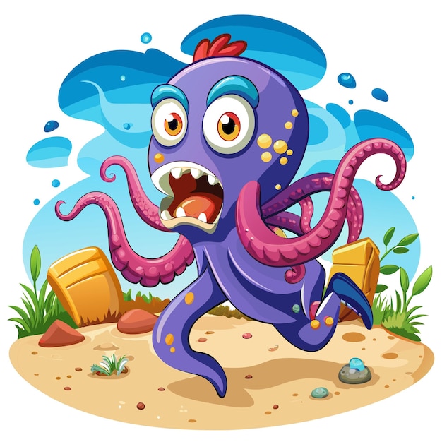 Common Octopus shocked runs beach vector