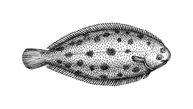 Common sole. Ink drawing of flatfish. Vintage style illustration of fish.