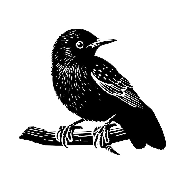 Common starling Silhouette Design European starling Vector illustration in black and white