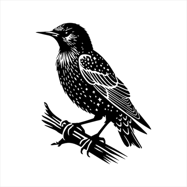 Common starling Silhouette Design European starling Vector illustration in black and white