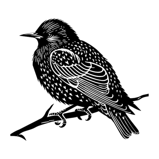 Common starling Silhouette Design European starling Vector illustration in black and white