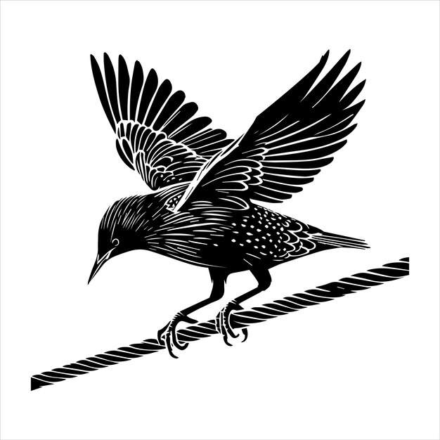 Vector common starling silhouette design european starling vector illustration in black and white