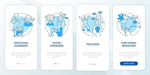 Common teen disorders blue onboarding mobile app screen Psychosis walkthrough 4 steps graphic instructions pages with linear concepts UI UX GUI template Myriad ProBold Regular fonts used