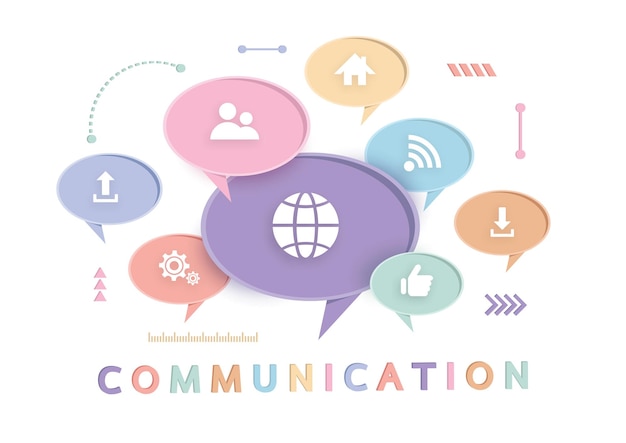 Communication 3d concept The word communicate with pastel dialog speech bubbles Minimal design concept Vector illustration