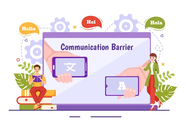 Vector communication barrier illustration with bad communications to misunderstanding create confusion