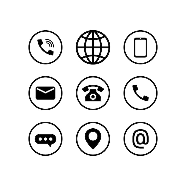 Communication icon set in black. Call, browser, phone, message, location and email sign. Vector EPS 10. Isolated on white background.