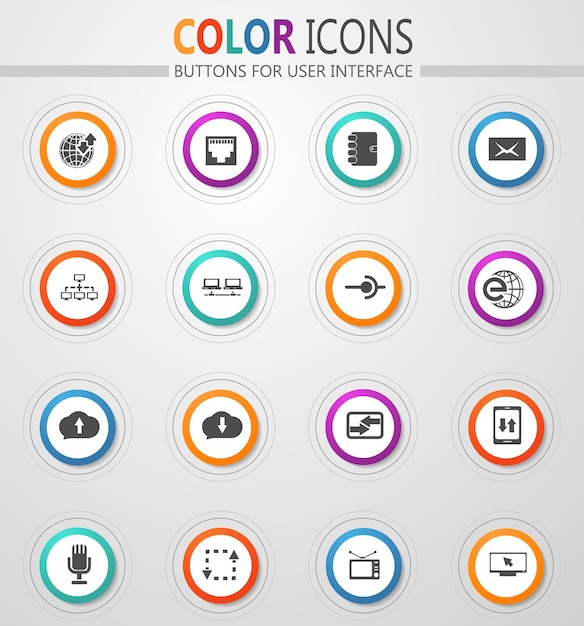 Communication icons on round white buttons with color strokes