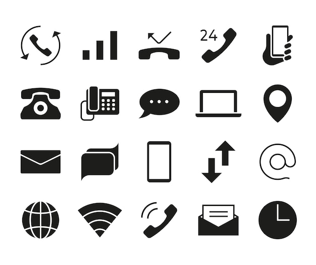 Communication icons Smartphone call mailing or texting symbols Laptop and network sharing minimal signs Global phone and Internet connection Vector isolated black silhouettes graphic elements set