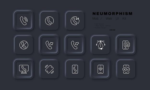 Communication set icon Missed dialed incoming call landline phone handset correspondence internet wifi nfs Phone futures concept Neomorphism style Vector line icon for Business