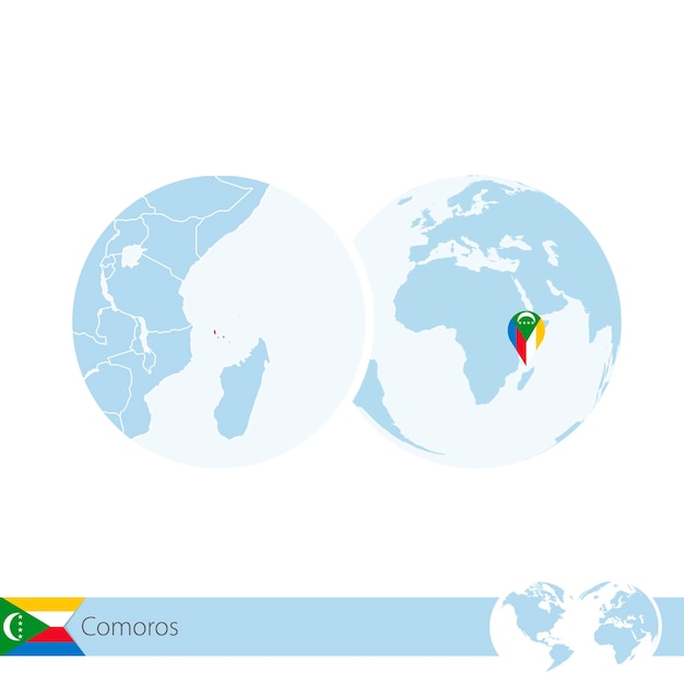 Comoros on world globe with flag and regional map of Comoros. Vector Illustration.