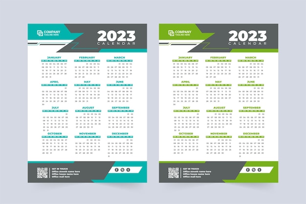 Company annual calendar for 2023 new year Office organizer and wall calendar design with blue and green colors 2023 Calendar vector illustration with abstract shapes The week starts on Sunday