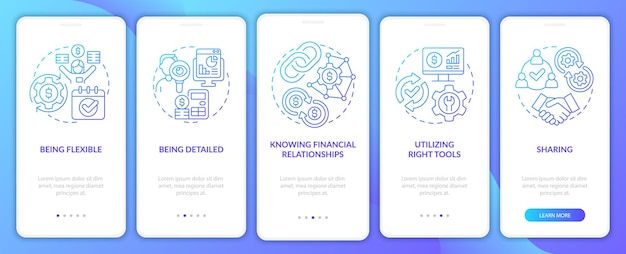 Company budget blue gradient onboarding mobile app screen Walkthrough 5 steps graphic instructions pages with linear concepts UI UX GUI template Myriad ProBold Regular fonts used