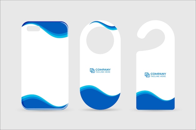 Company door hanger design for brand promotion Brand identity template collection with blue color shapes Business stationery design with a phone case Branding design for advertisement