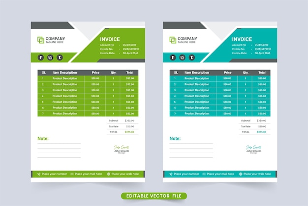 Company product buying and selling invoice bill template with green and blue colors Professional invoice vector with abstract modern shapes Printready office stationery and billing paper design