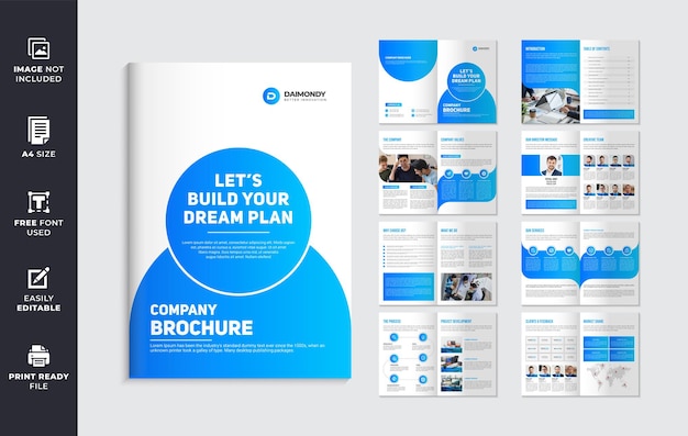 company profile brochure template design with blue color shapes