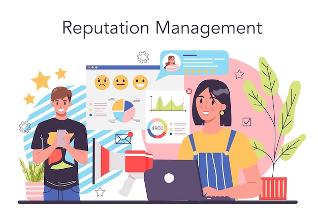 Company reputation concept Building relationship with people and improving customer loyalty Idea of PR and reputation management Flat vector illustration