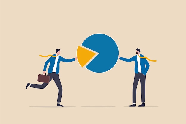 Company shareholder, investor or owner who hold percentage or company share assets, market distribution concept, businessman people holding part of pie chart metaphor of holding stock share.