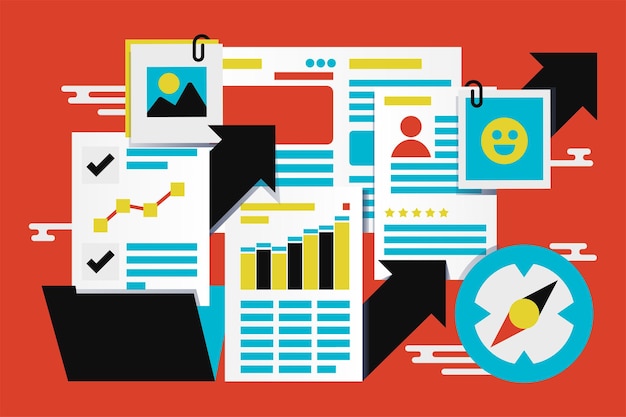 Company stats report abstract vector illustration. Staff CV analysis, applicants ratings collage