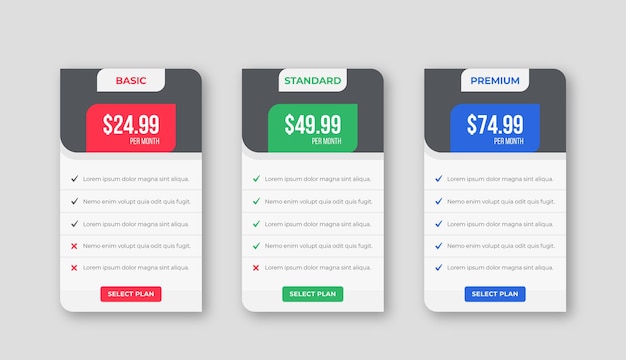 Comparison Pricing tables plan chart design template