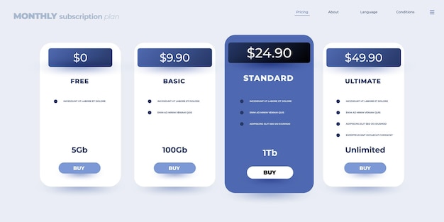 Comparison table Feature checklist and monthly price plan subscription infographic design template Vector web site interface