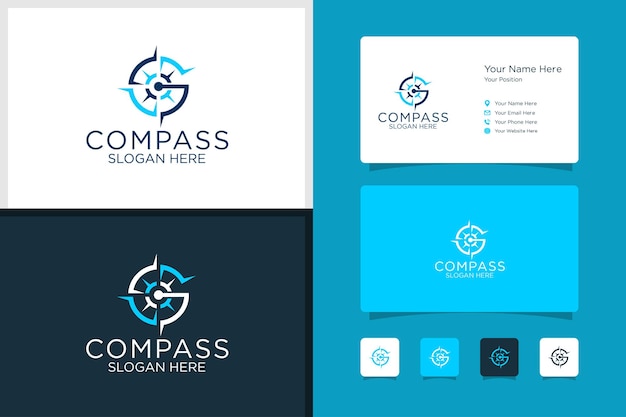 Compass logo design negative space G and business card template premium vector