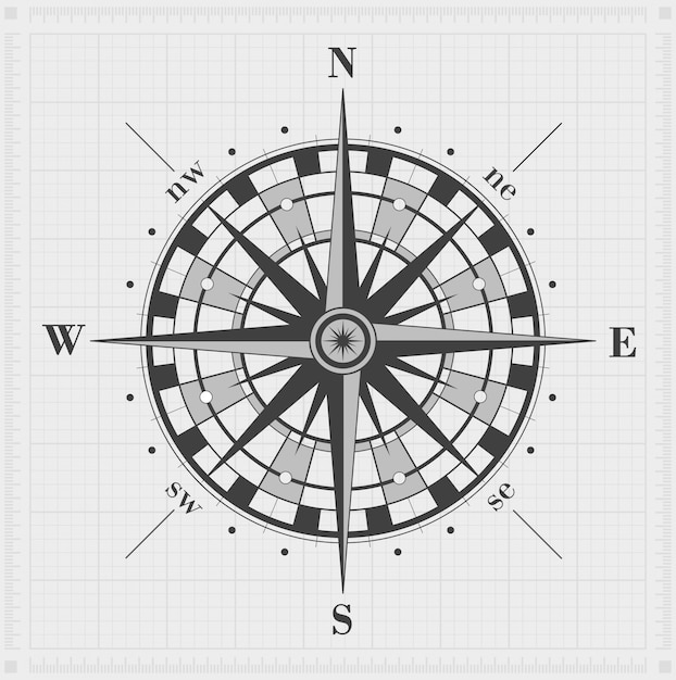 Compass rose over grid. Vector illustration.