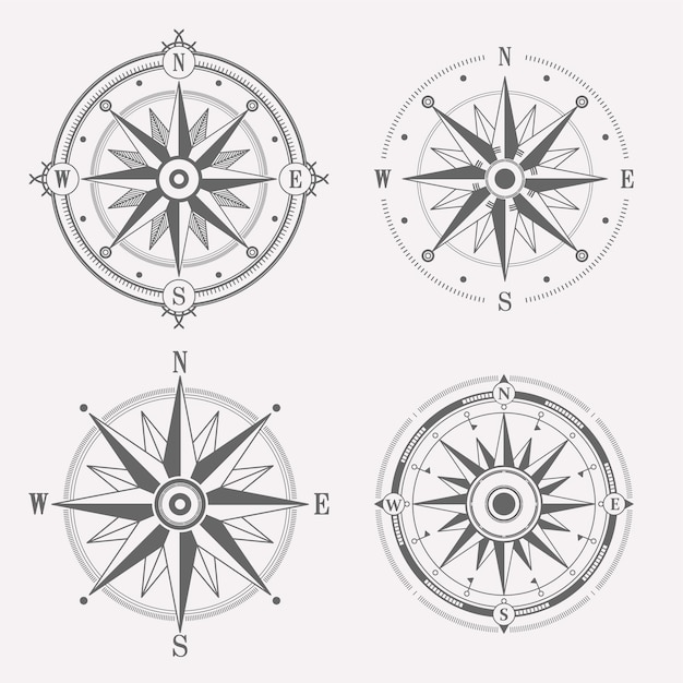 Compass wind rose vector design elements in set Vintage navigator icon