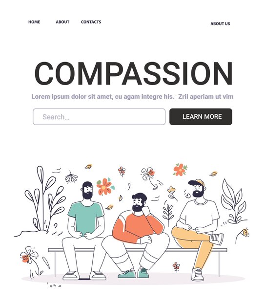 Vector compassion mental health concept three men sitting on bench surrounded by flowers and plants discussing emotions colorful background website design