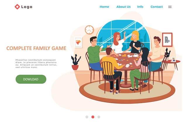 Complete family game landing page template with happy family or friends playing card game at home or cafe.