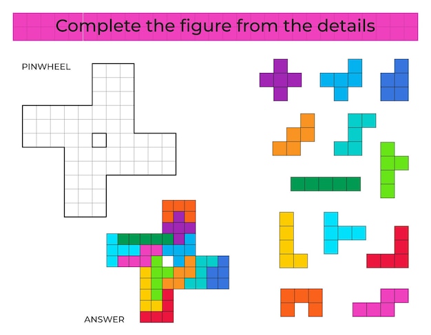 Complete the figure. Puzzle game with pinwheel. Education game for kids.