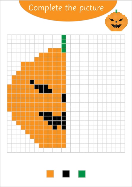 Complete the picture worksheet. symmetry for kids. Halloween pumpkin coloring. Jack o lantern pixel