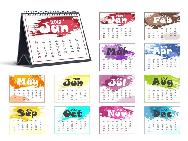 Vector complete set of 12 months, 2018 calendar.