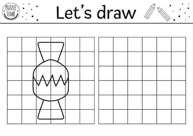 Complete the sweet picture Vector drawing practice worksheet Printable black and white activity for preschool children Copy the picture game for kids with cute candyxAxAxA